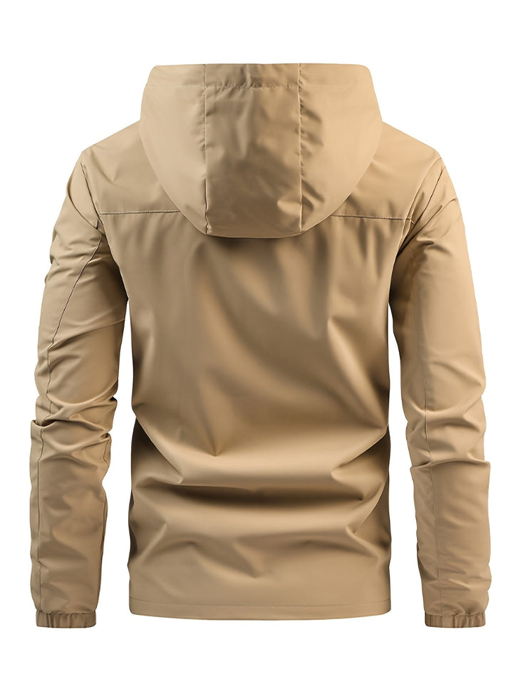 Men's hooded windbreaker jacket with full zip front, chest pocket and long sleeves