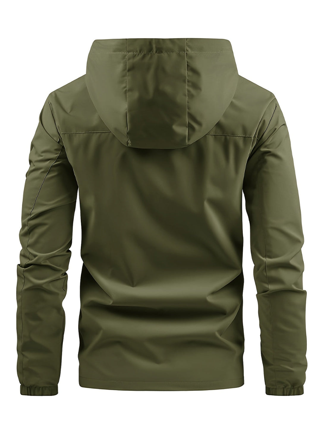 Men's hooded windbreaker jacket with full zip front, chest pocket and long sleeves