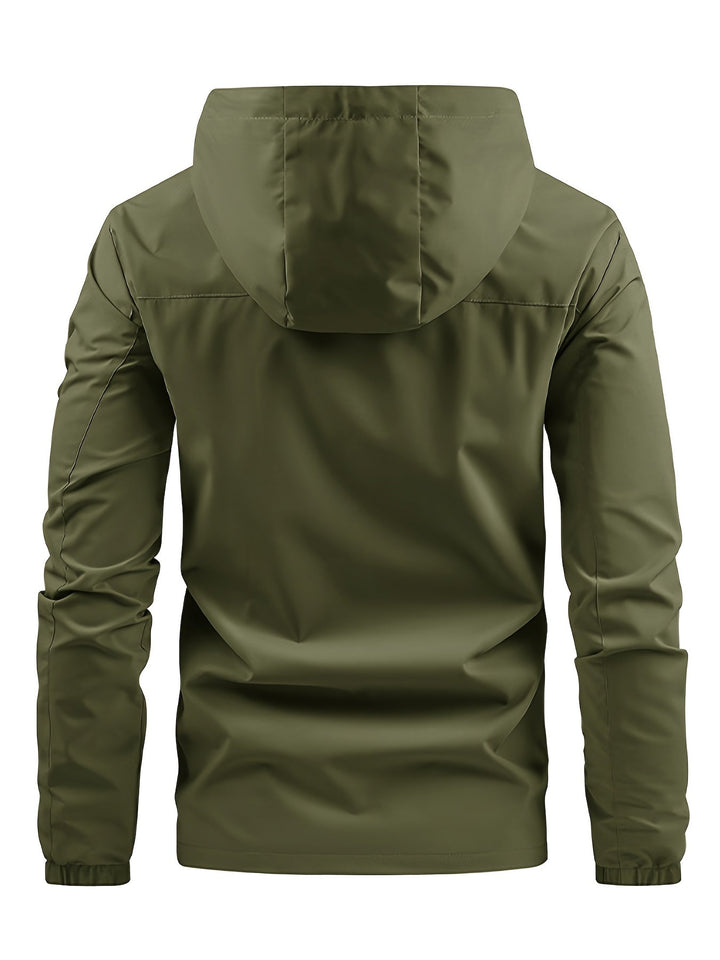 Men's hooded windbreaker jacket with full zip front, chest pocket and long sleeves