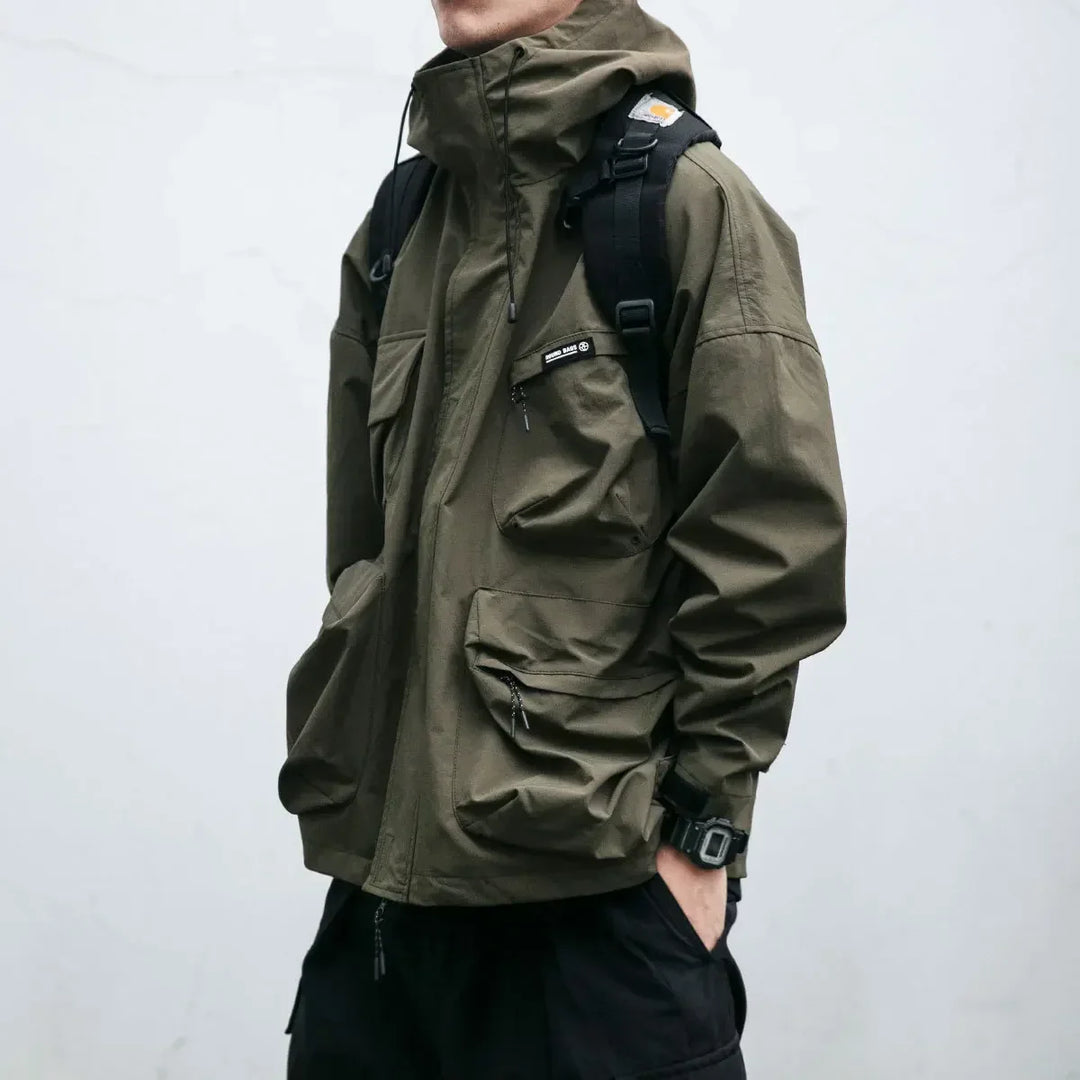 Men's hooded windbreaker jacket with multiple pockets and zip front