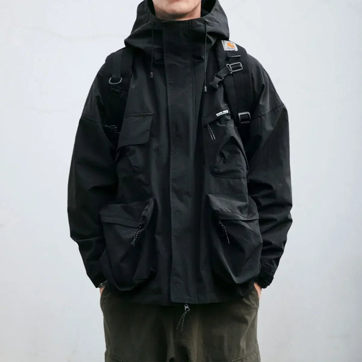 Men's hooded windbreaker jacket with multiple pockets and zip front