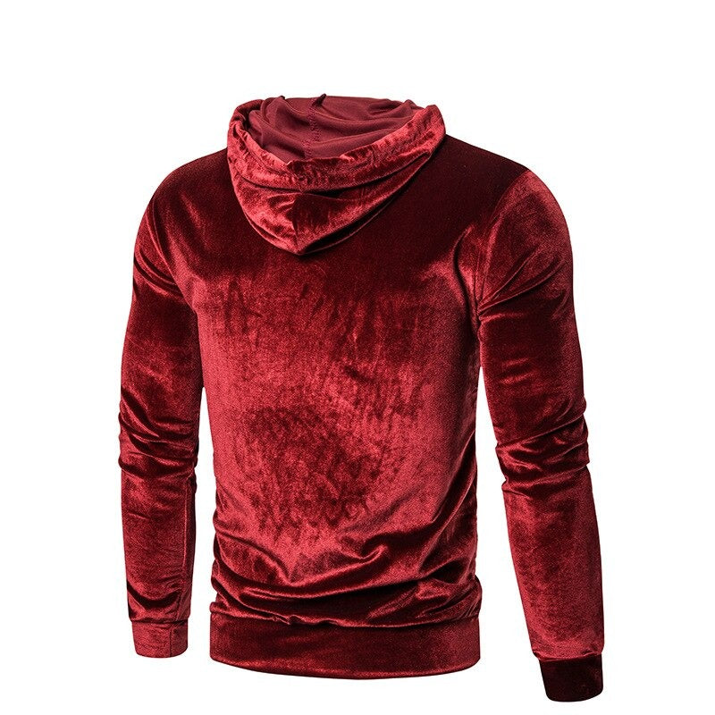Men's long-sleeve velour hoodie with drawstring hood and kangaroo pocket