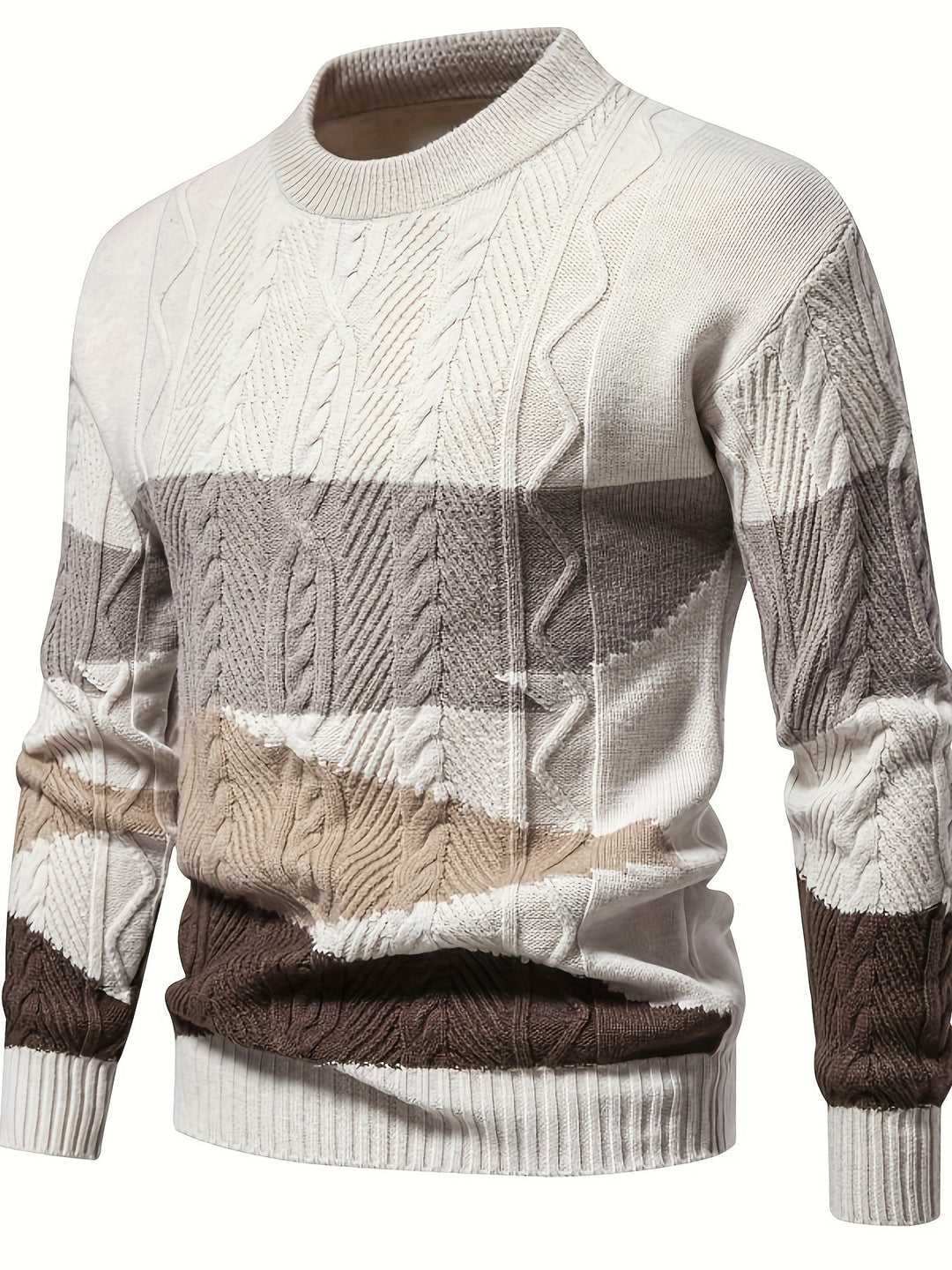 Men's colour block cable knit crew neck sweater with long sleeves and ribbed trims