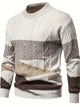Men's colour block cable knit crew neck sweater with long sleeves and ribbed trims