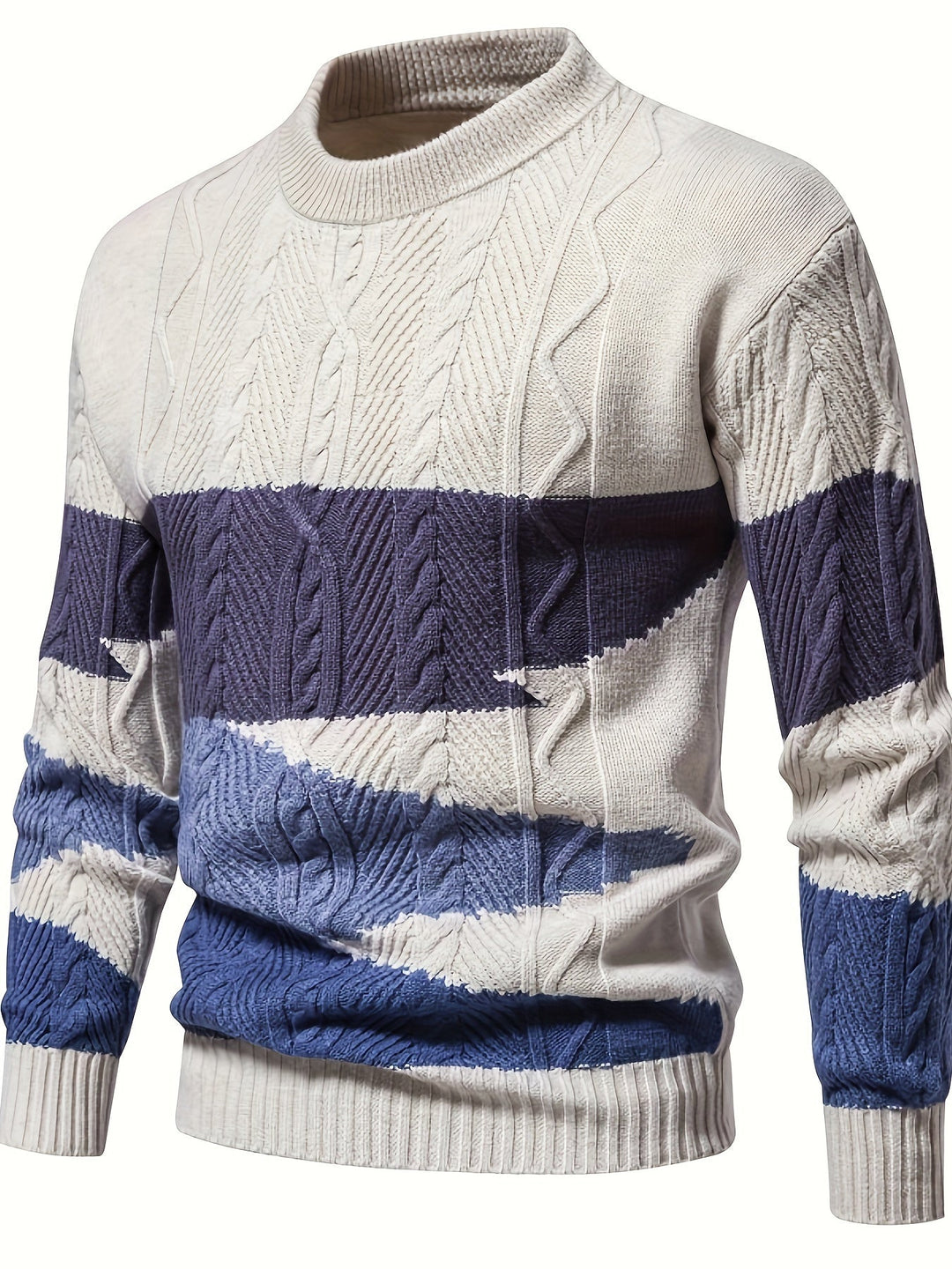 Men's colour block cable knit crew neck sweater with long sleeves and ribbed trims