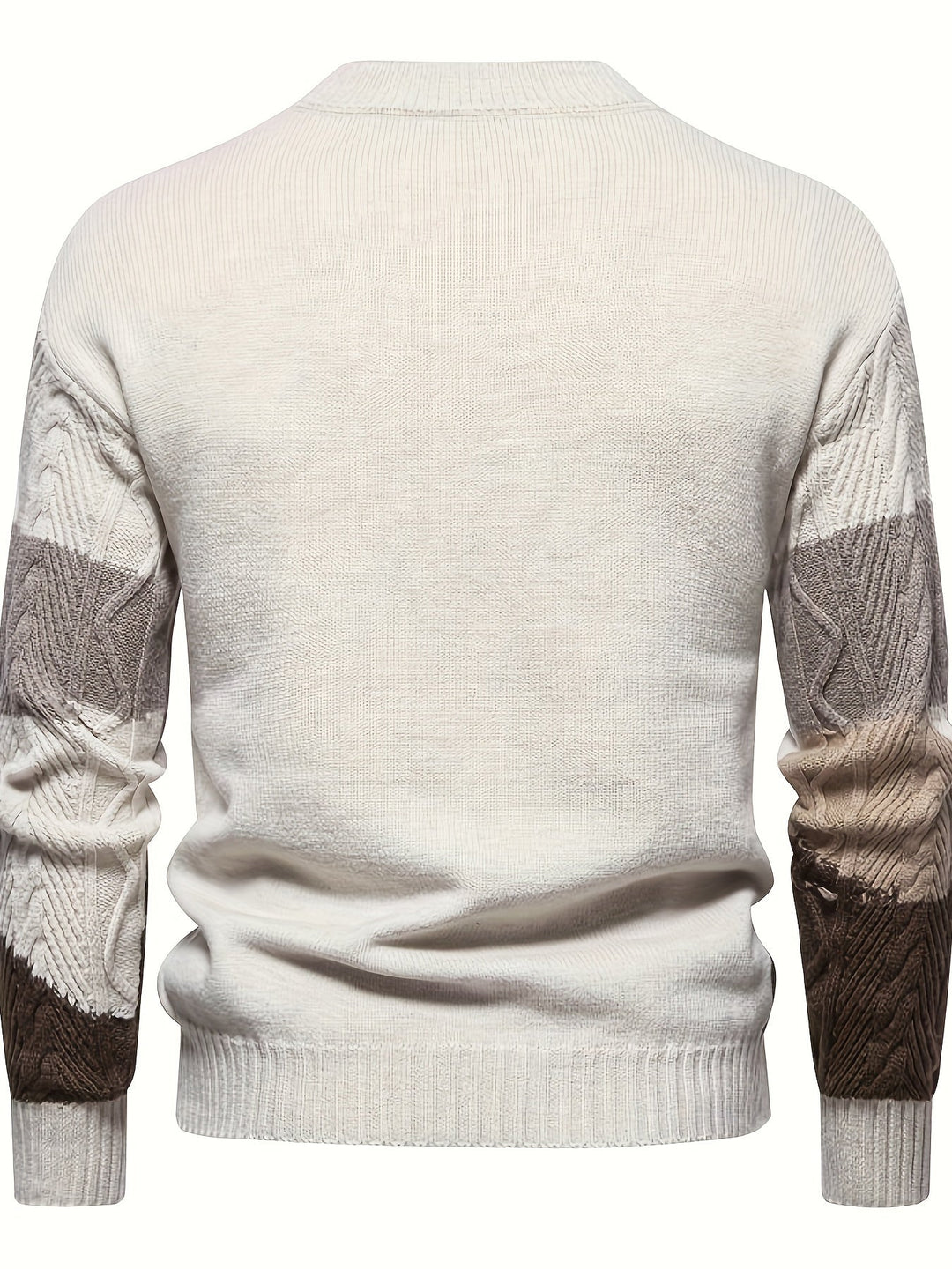 Men's colour block cable knit crew neck sweater with long sleeves and ribbed trims