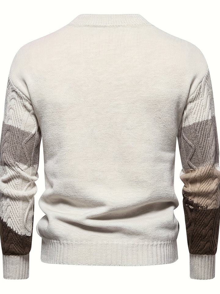 Men's colour block cable knit crew neck sweater with long sleeves and ribbed trims