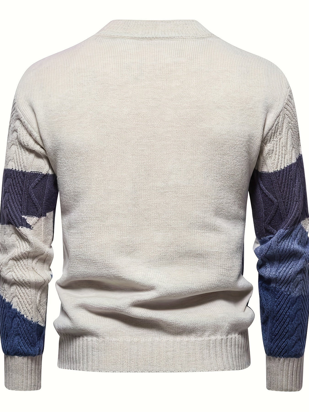 Men's colour block cable knit crew neck sweater with long sleeves and ribbed trims