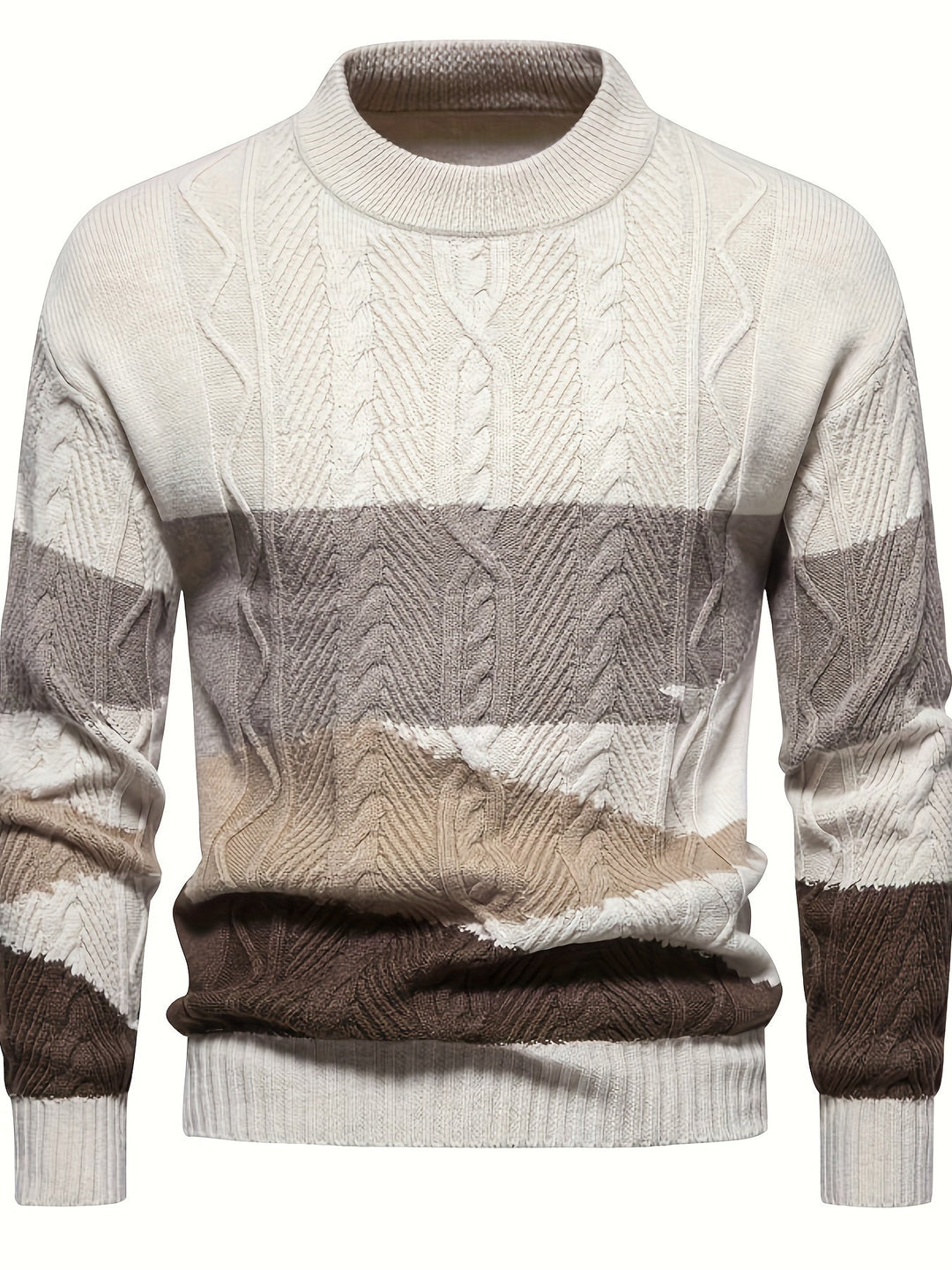 Men's colour block cable knit crew neck sweater with long sleeves and ribbed trims