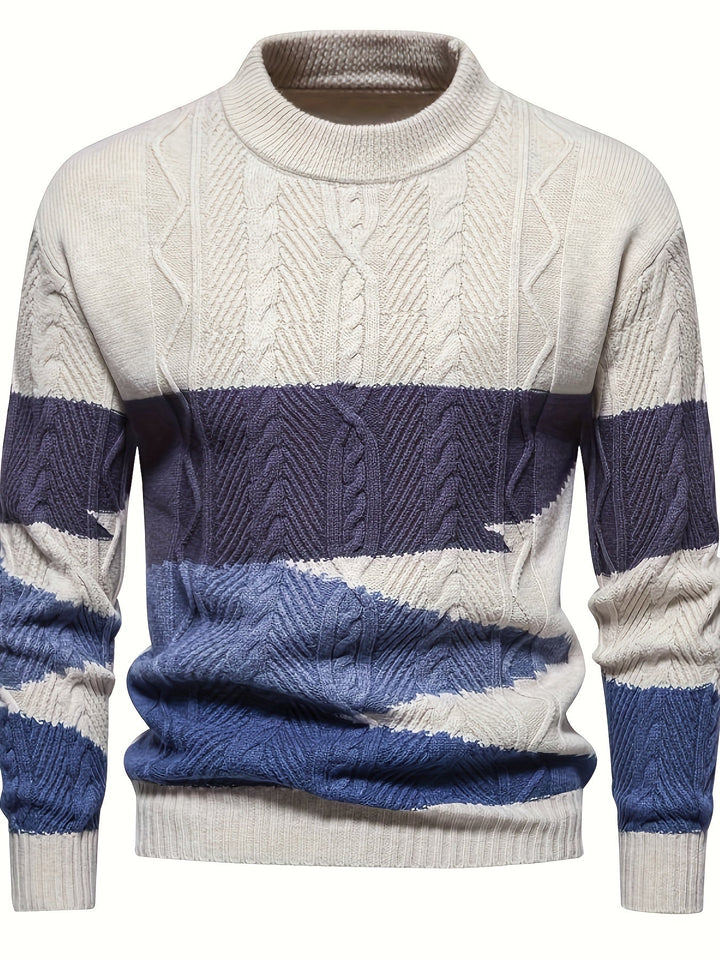 Men's colour block cable knit crew neck sweater with long sleeves and ribbed trims