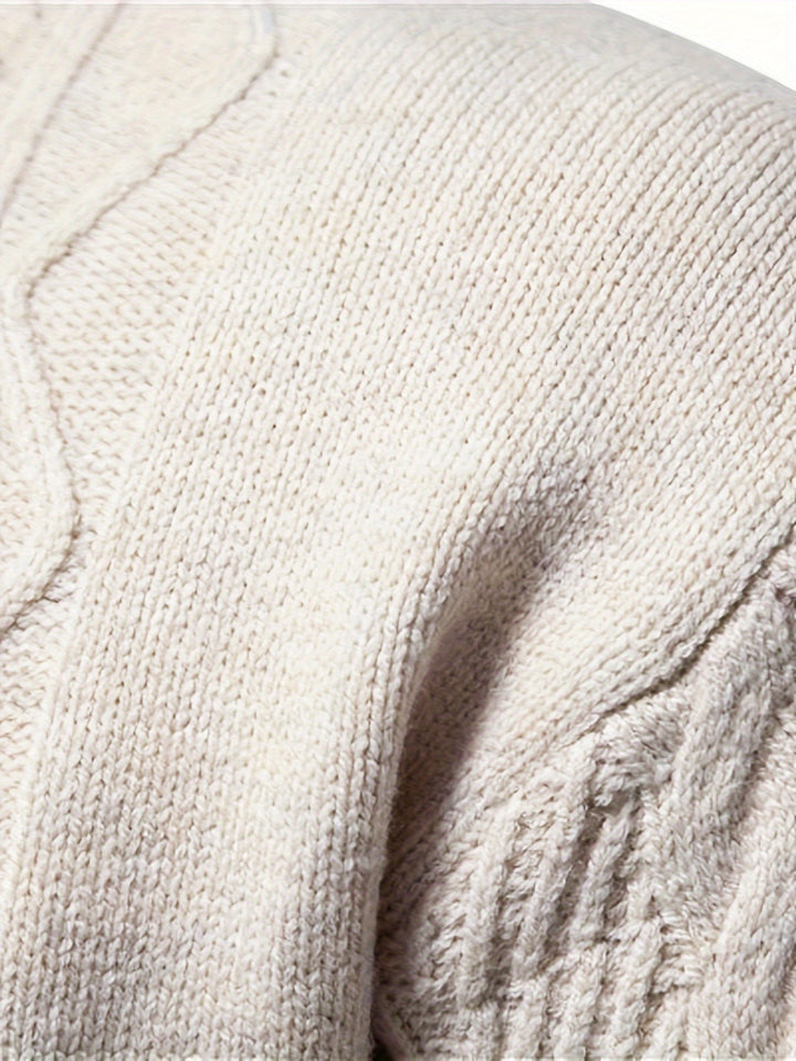 Men's colour block cable knit crew neck sweater with long sleeves and ribbed trims