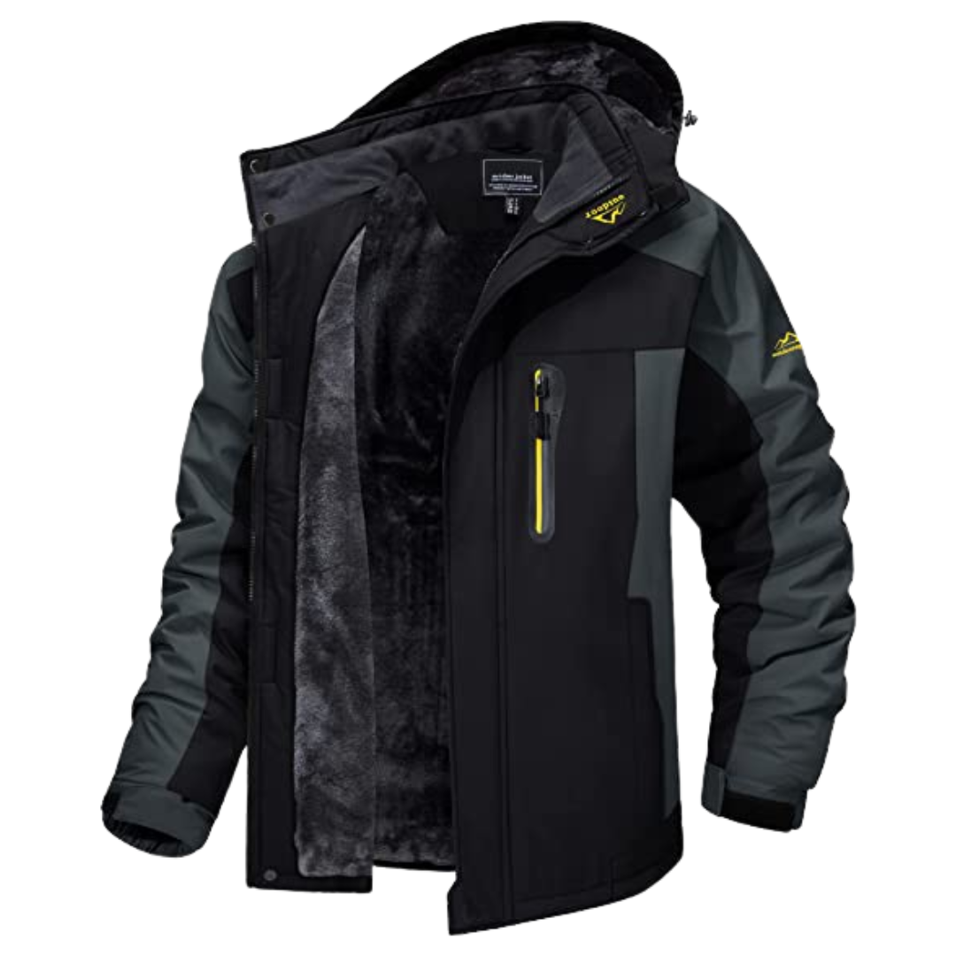Men's hooded colour-block windbreaker jacket with long sleeves and zipped pockets