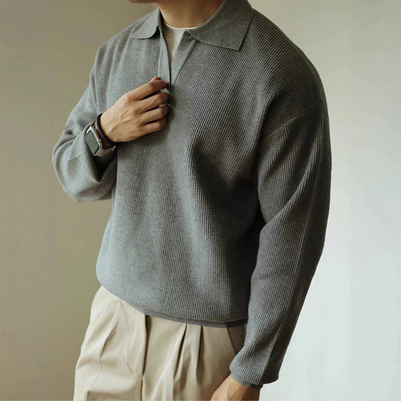 Men's long-sleeve textured polo sweater with collared V-neck and ribbed trims