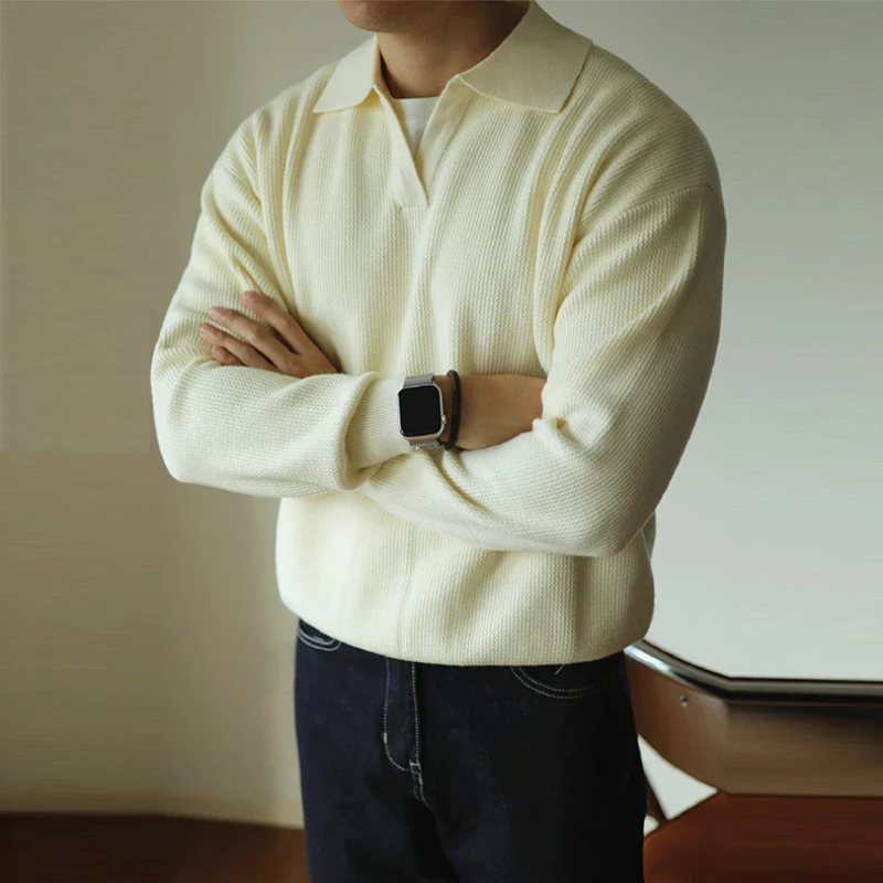 Men's long-sleeve textured polo sweater with collared V-neck and ribbed trims