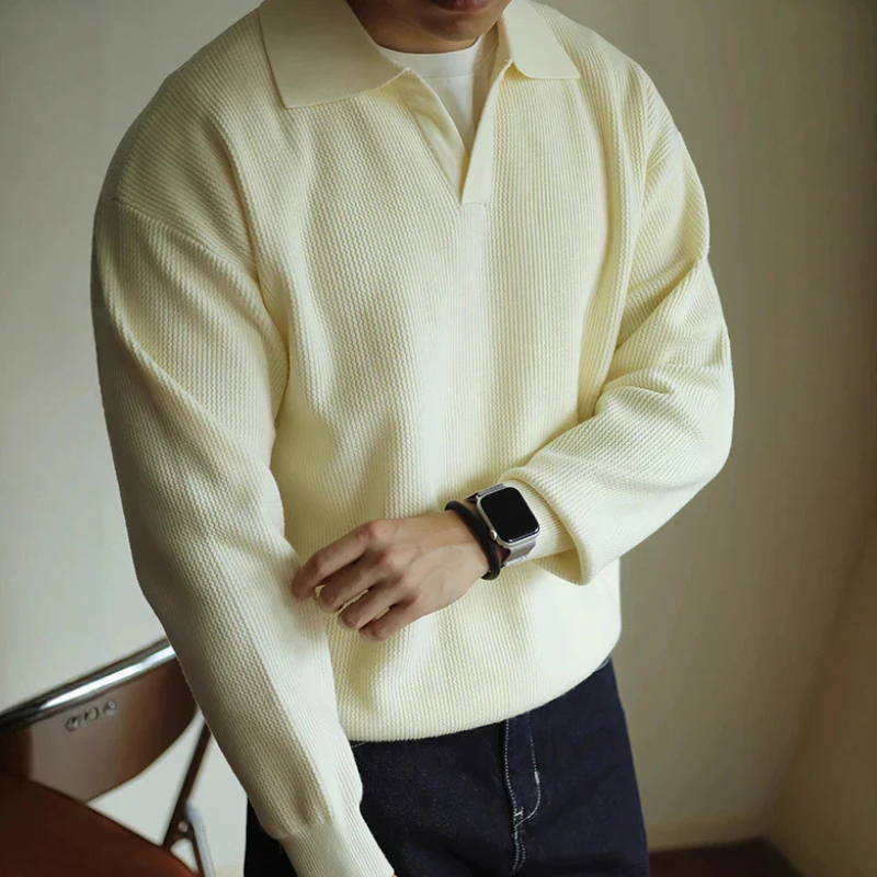 Men's long-sleeve textured polo sweater with collared V-neck and ribbed trims