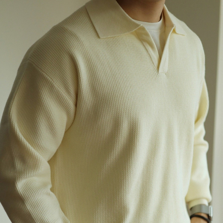 Men's long-sleeve textured polo sweater with collared V-neck and ribbed trims