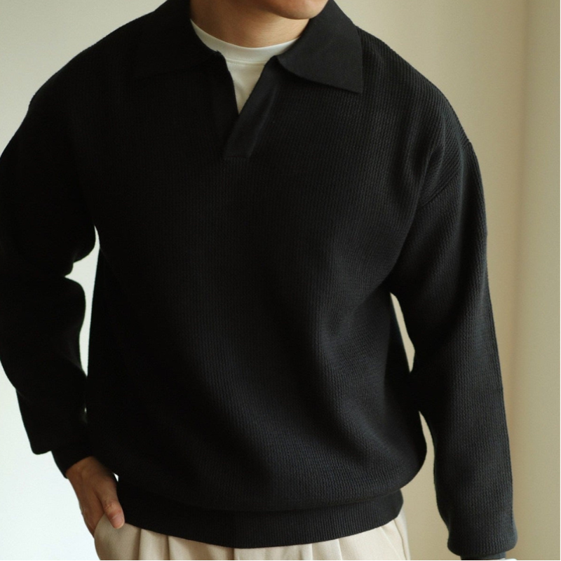 Men's long-sleeve textured polo sweater with collared V-neck and ribbed trims