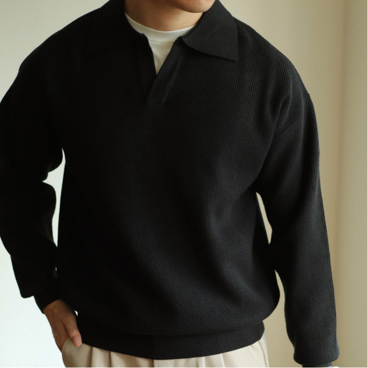 Men's long-sleeve textured polo sweater with collared V-neck and ribbed trims