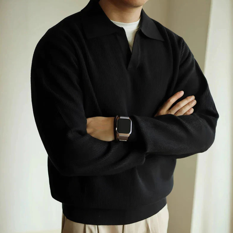Men's long-sleeve textured polo sweater with collared V-neck and ribbed trims