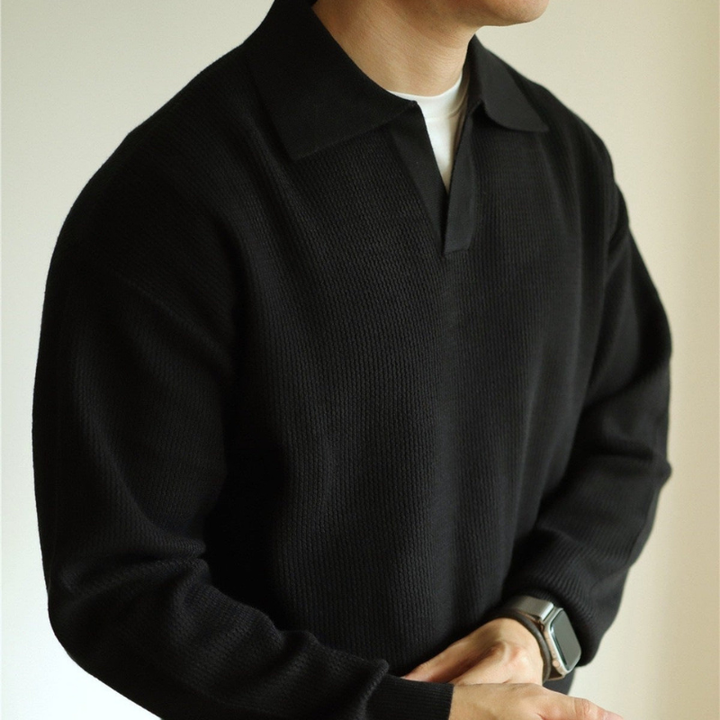 Men's long-sleeve textured polo sweater with collared V-neck and ribbed trims