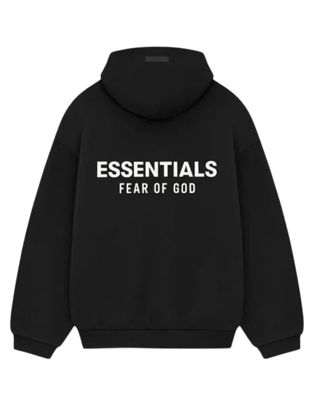 Men's oversized pullover hoodie with hood, long sleeves and front Essentials graphic text