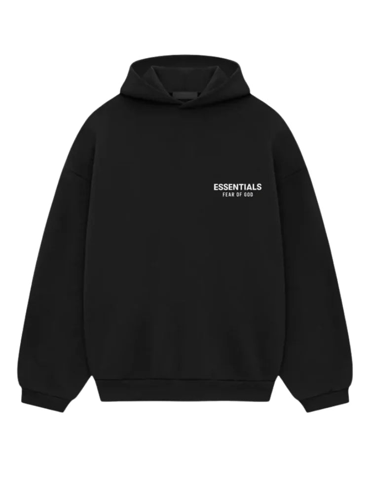 Men's oversized pullover hoodie with hood, long sleeves and front Essentials graphic text