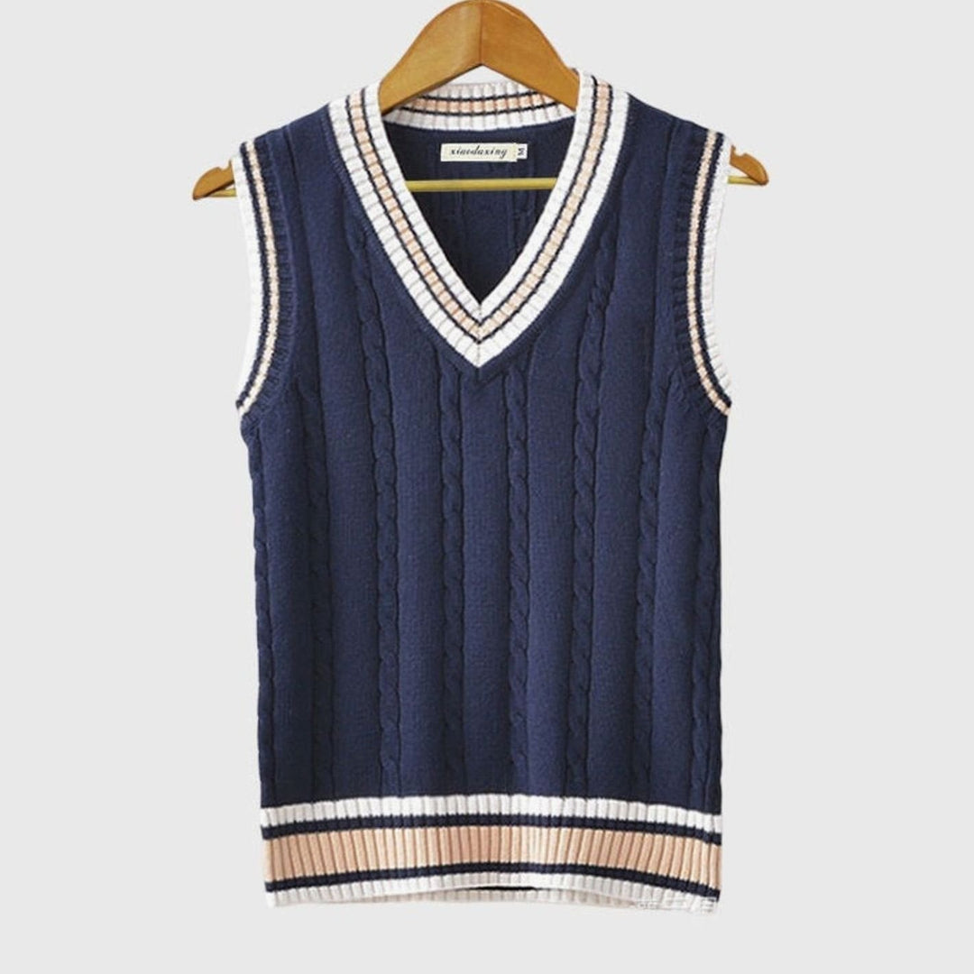 Women's sleeveless cable-knit jumper with striped V-neck and hem trims