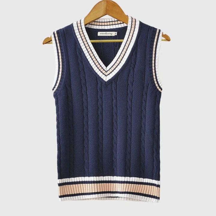 Women's sleeveless cable-knit jumper with striped V-neck and hem trims