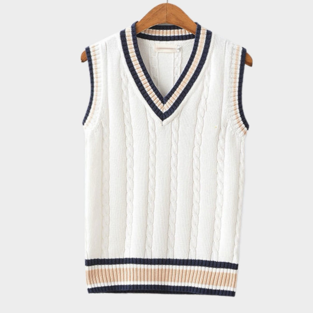 Women's sleeveless cable-knit jumper with striped V-neck and hem trims
