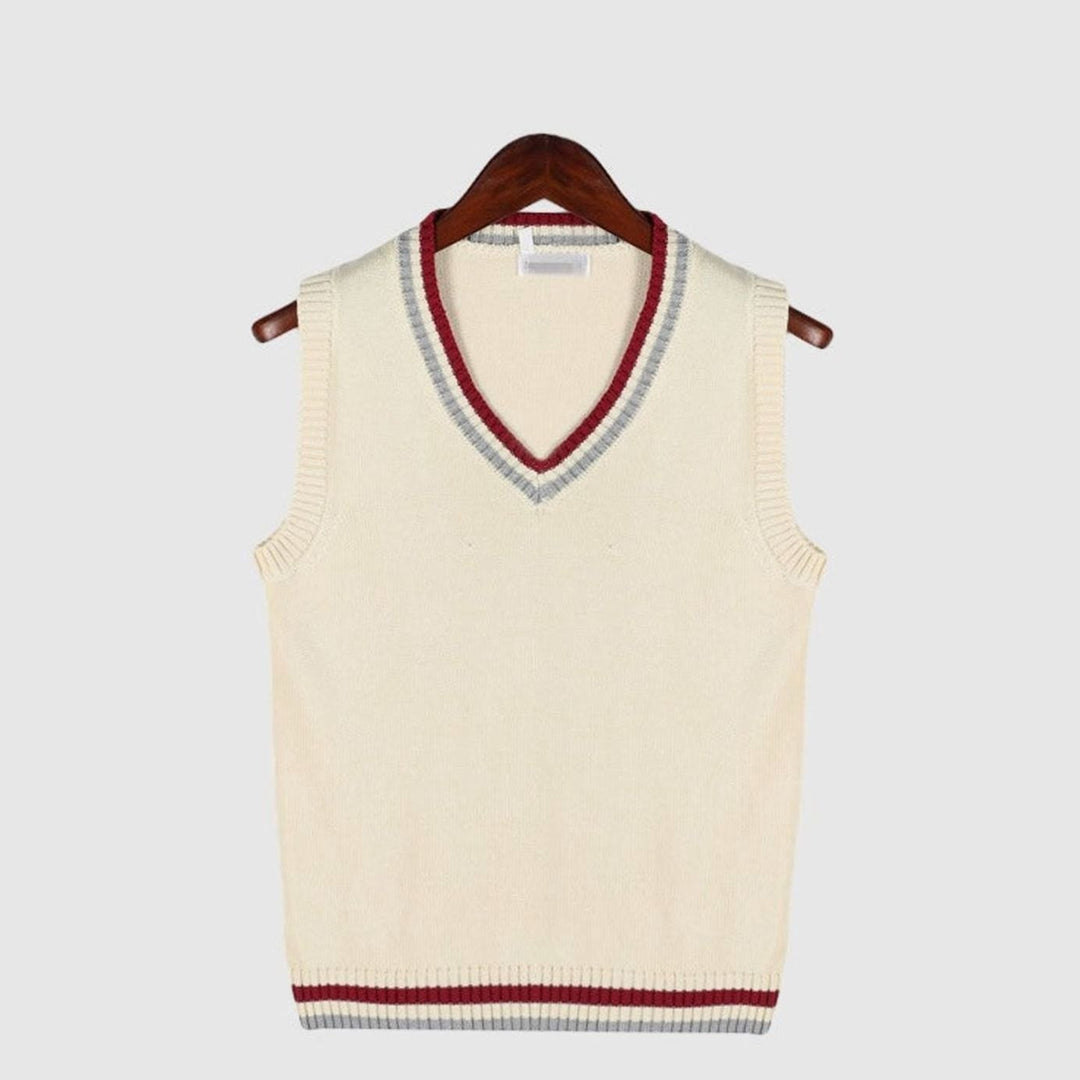 Women's sleeveless cable-knit jumper with striped V-neck and hem trims
