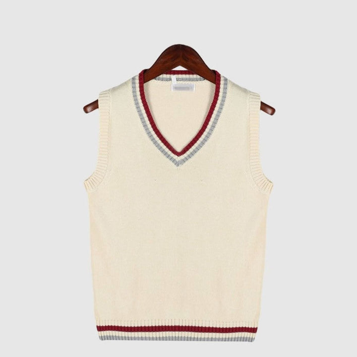 Women's sleeveless cable-knit jumper with striped V-neck and hem trims