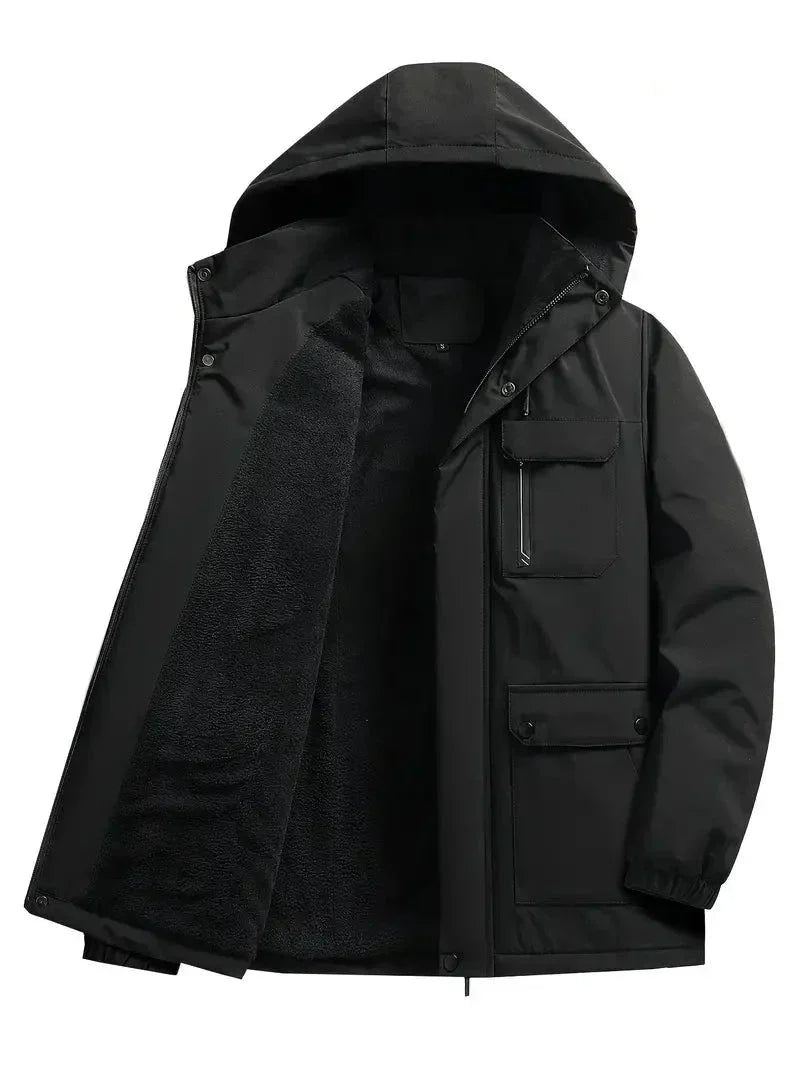 Men's hooded padded parka coat with utility pockets and long sleeves