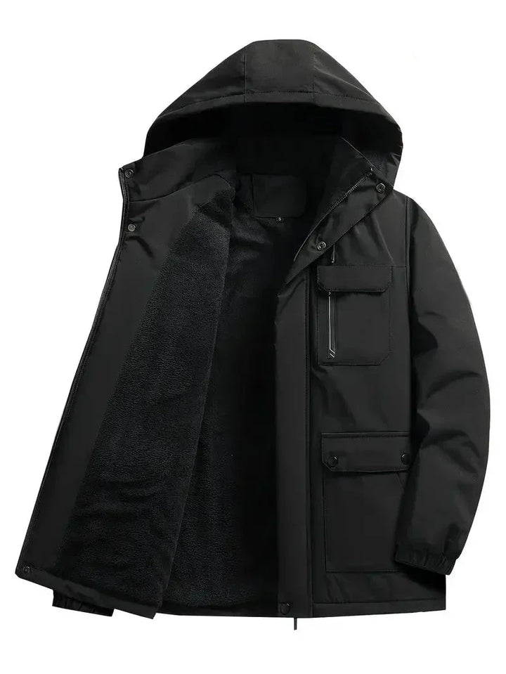 Men's hooded padded parka coat with utility pockets and long sleeves