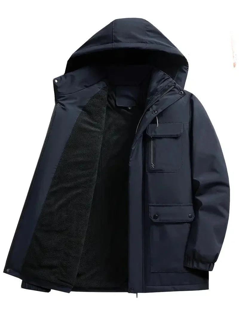 Men's hooded padded parka coat with utility pockets and long sleeves