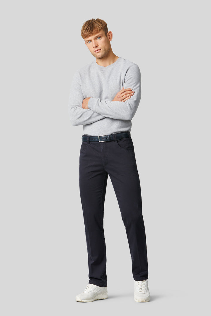 Men's straight leg trousers with five-pocket styling and belt loops