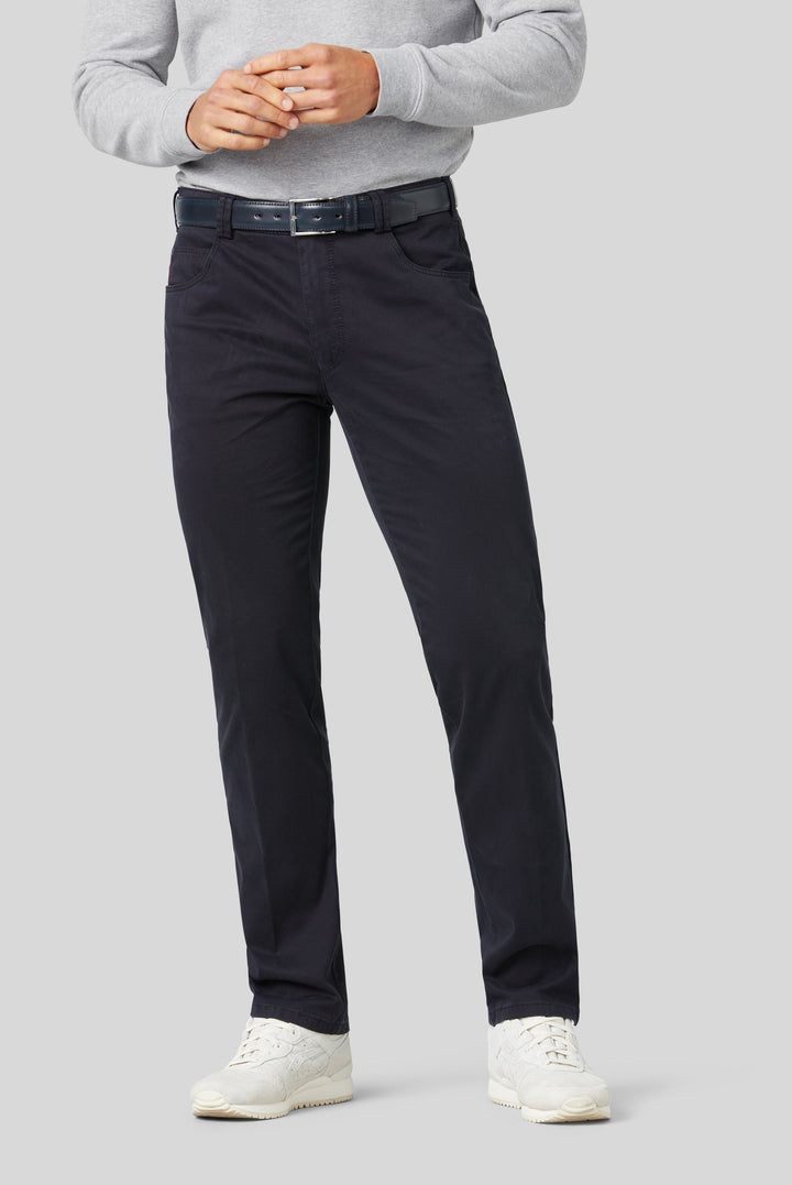 Men's straight leg trousers with five-pocket styling and belt loops