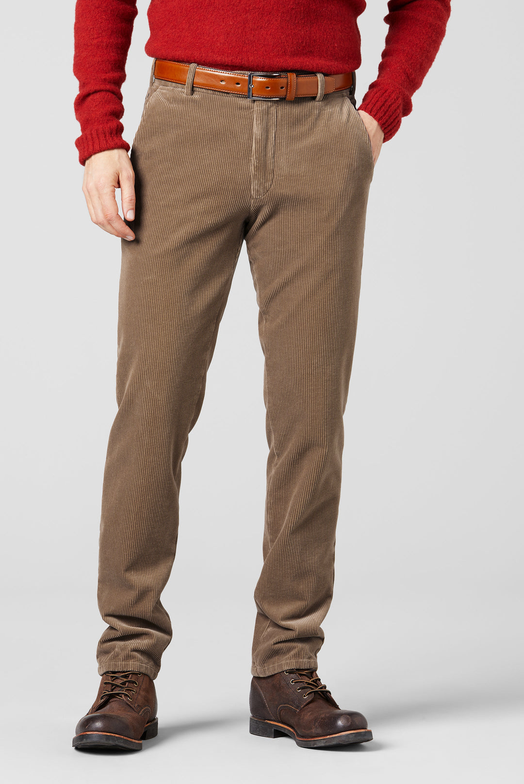 Men's straight leg corduroy trousers with belt loops and front pockets