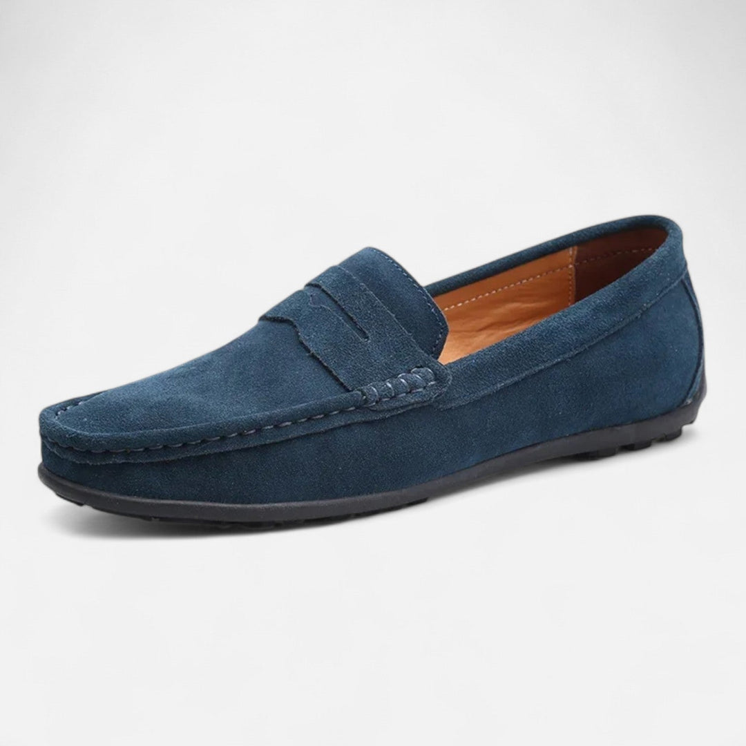 Men's penny loafer with moc toe stitching and low heel