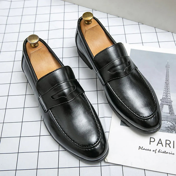 Men's penny strap loafers with rounded toes and low heels