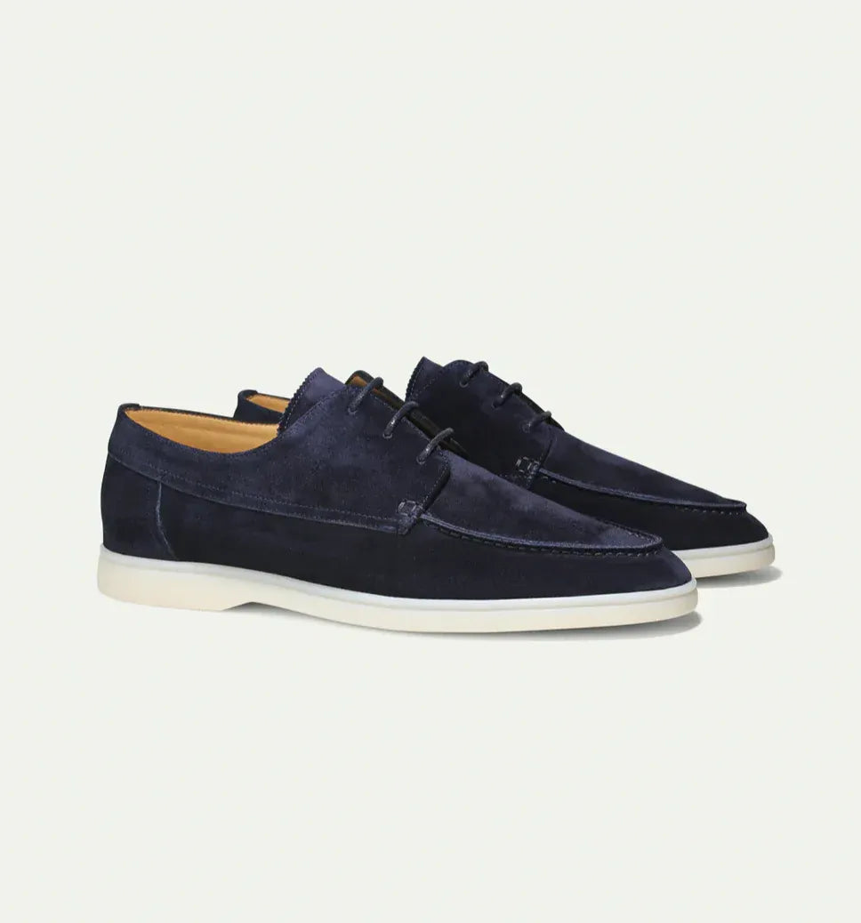 Men's black and beige suede loafer with lace-up front and crepe sole