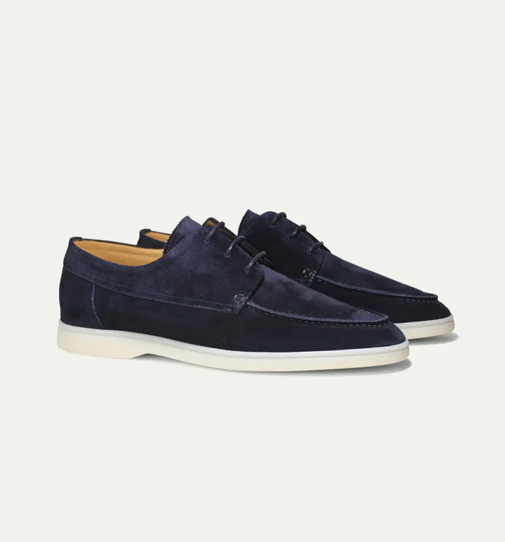 Men's black and beige suede loafer with lace-up front and crepe sole