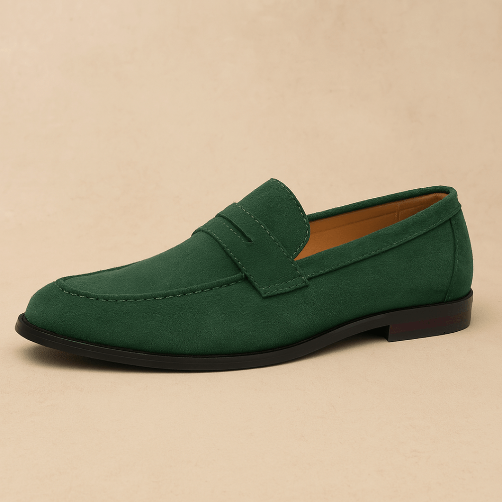 Men's penny loafers with moc toe stitching and low heel