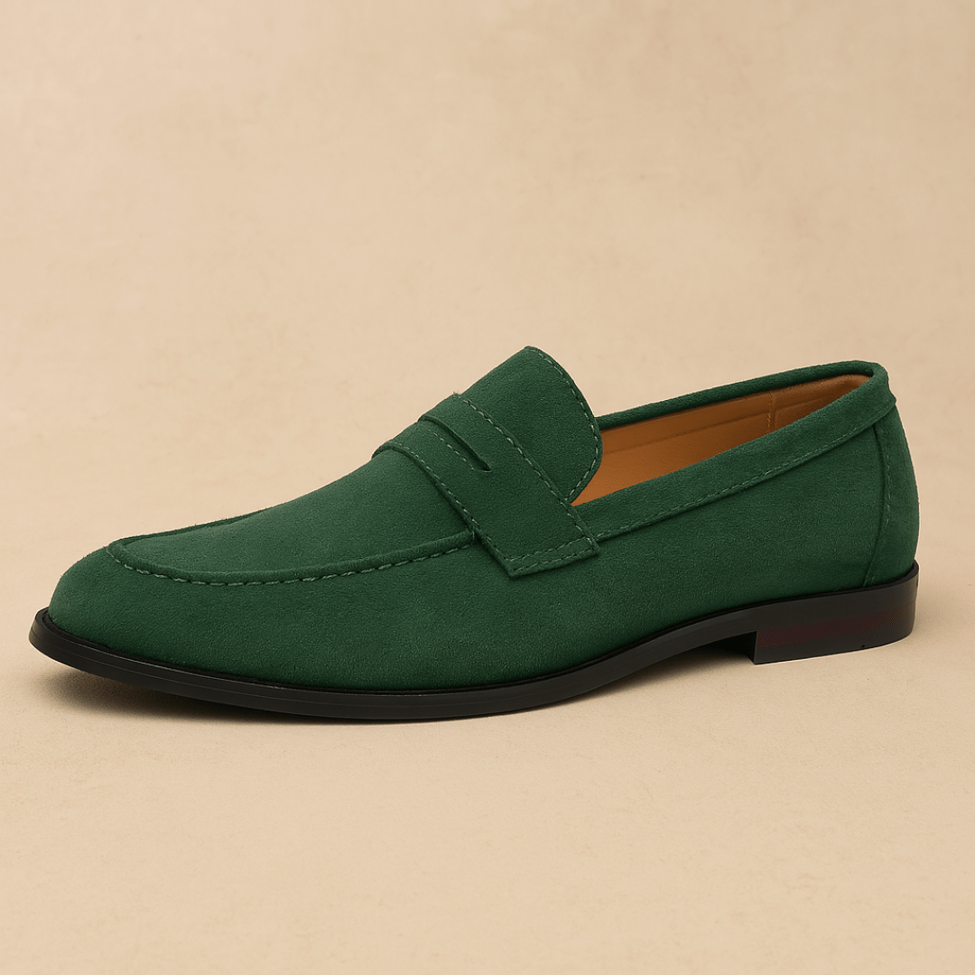 Men's penny loafers with moc toe stitching and low heel