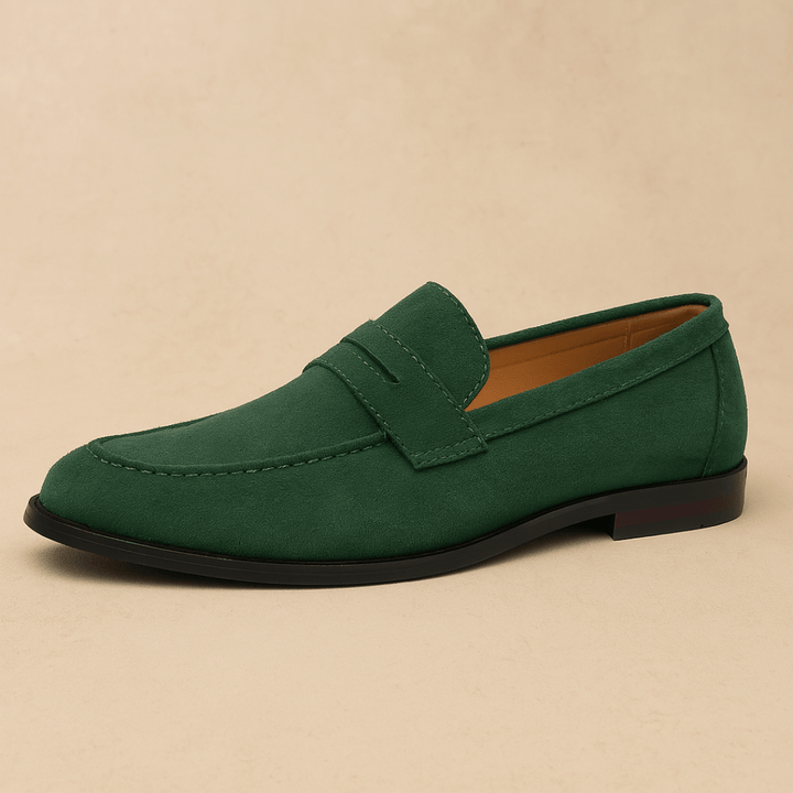 Men's penny loafers with moc toe stitching and low heel