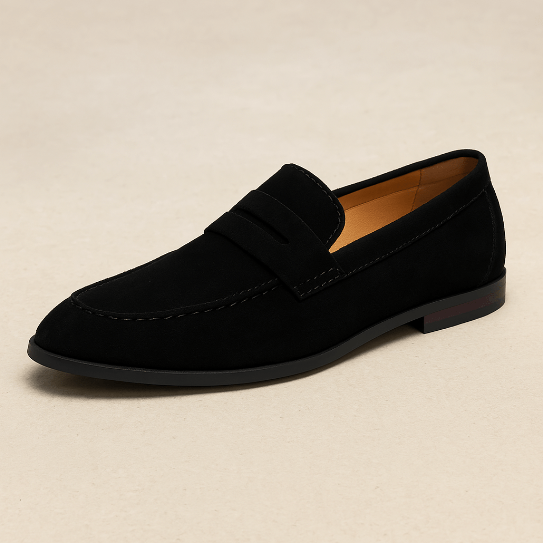 Men's penny loafers with moc toe stitching and low heel
