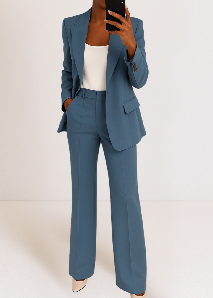 Women's two-piece tailored suit set with double-breasted blazer and straight-leg trousers in blue and beige