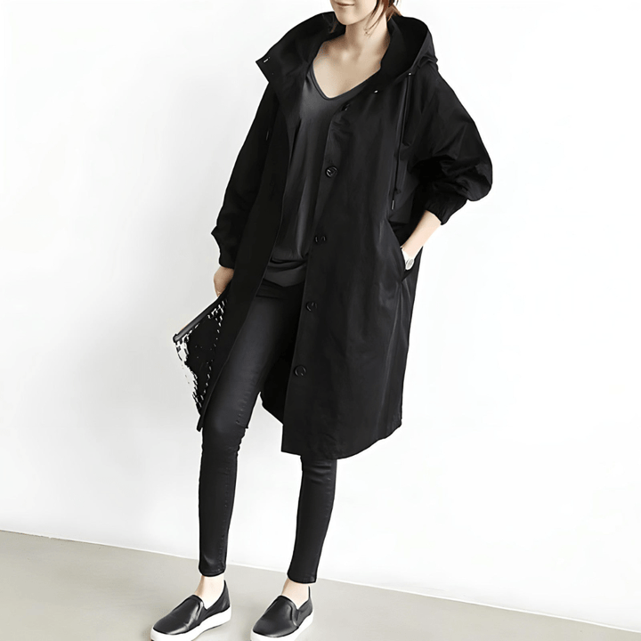 Women's oversized hooded longline coat with button front