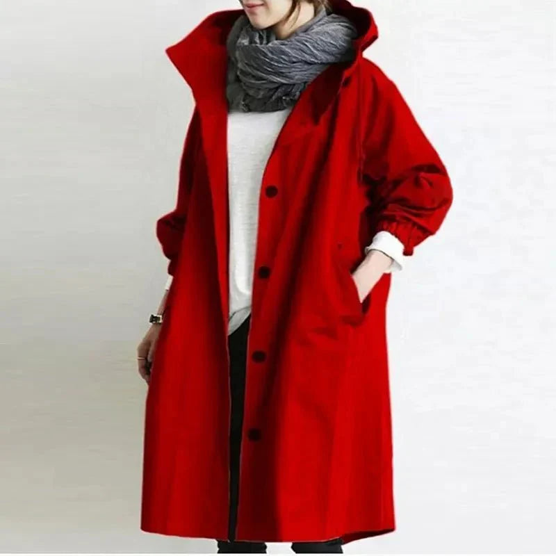 Women's oversized hooded longline coat with button front