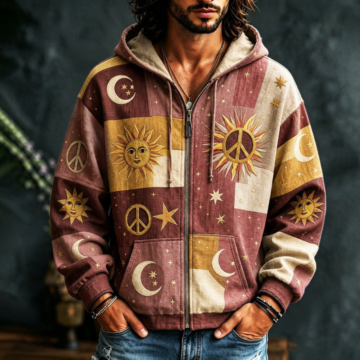 Men's patchwork hoodie with sun moon star and peace motifs