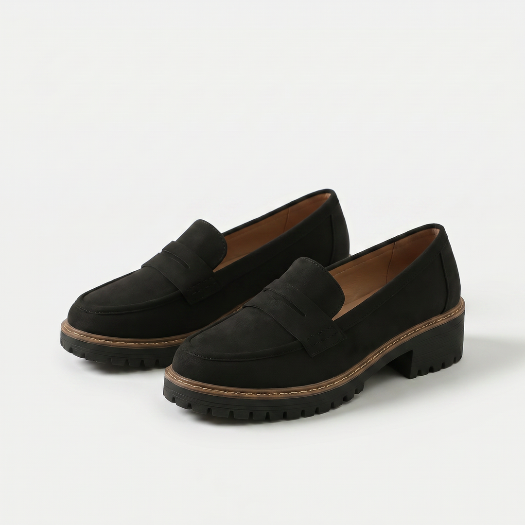 Women's chunky penny loafers with raised vamp straps and lugged soles